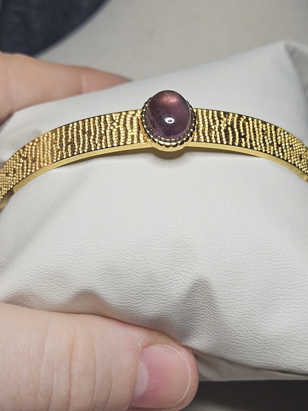 Gold Tone Stainless Steel Open Cuff Bracelet with Purple Gemstone Center